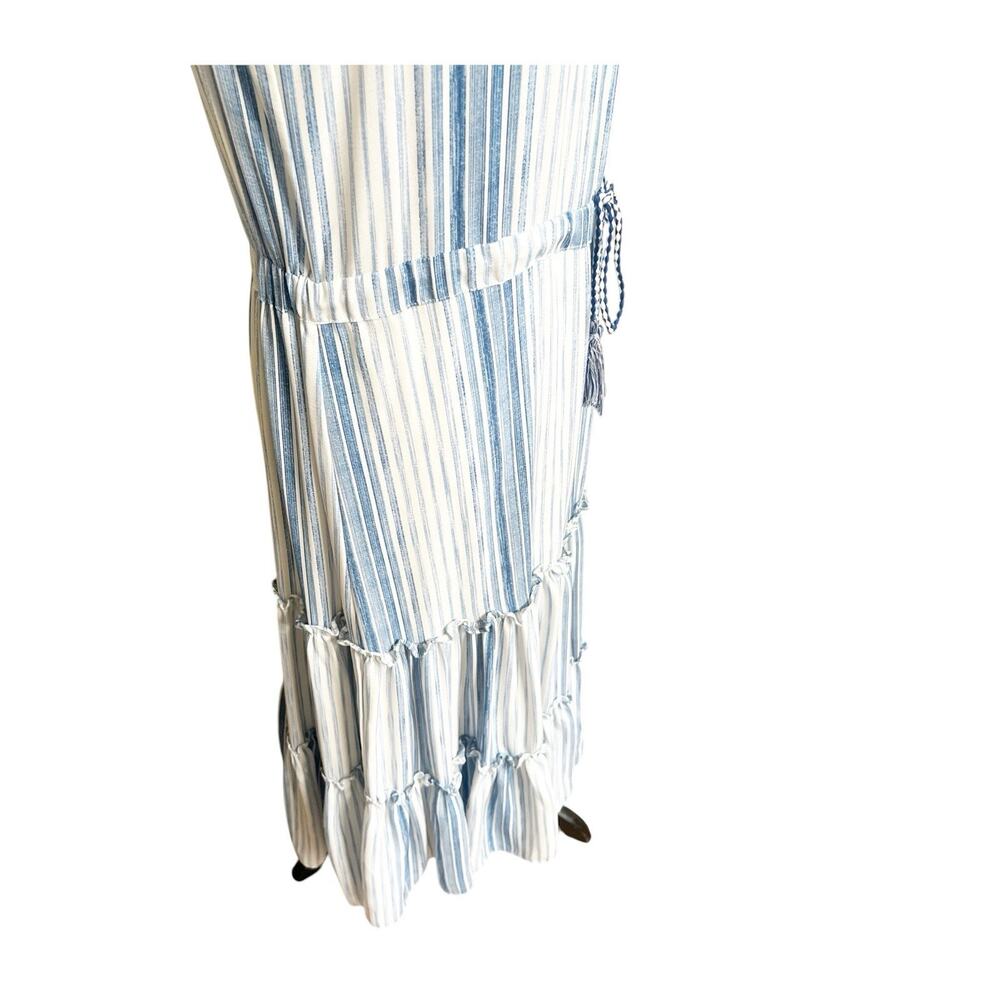 MISA Los Angeles Medium Aleja Stripe Print Linen Midi Dress White Blue Tassel - Picture 6 of 9